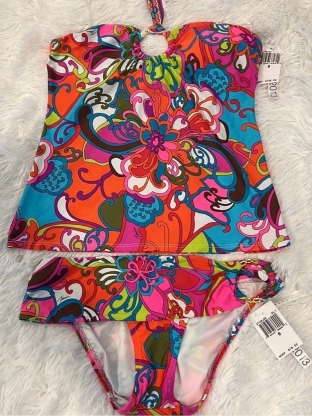 Trina Turk White Swimwear Set with Multicolor Stripe Trim